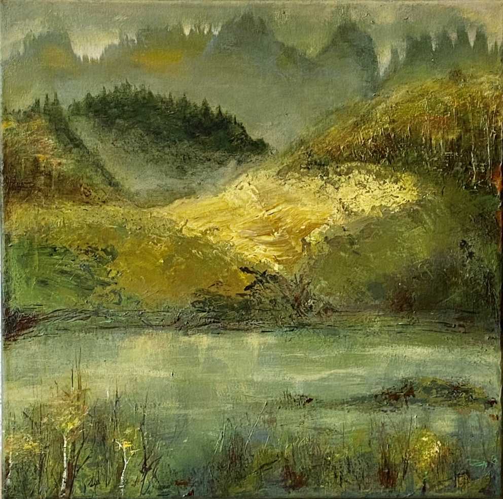 Iza Gronowska Gajda, mountain acrilic painting, Dolomites painting, misty mountains painting