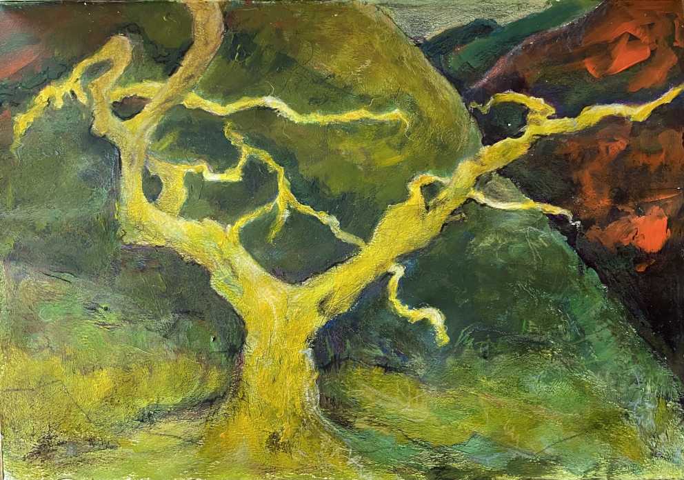 Iza Gronowska Gajda, tree in mountains painting, autumn in mountain painting
